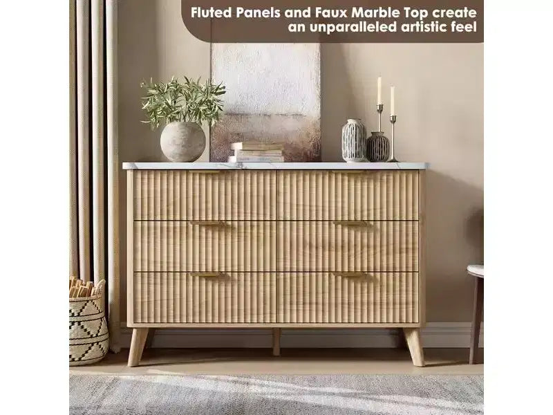 Fluted 6 Drawers Dresser, 47.2 Wide Modern Chest of Drawers with Metal Handle, Curved Profile Dresser TV Stand, Wooden Drawer Organizer for Bedroom