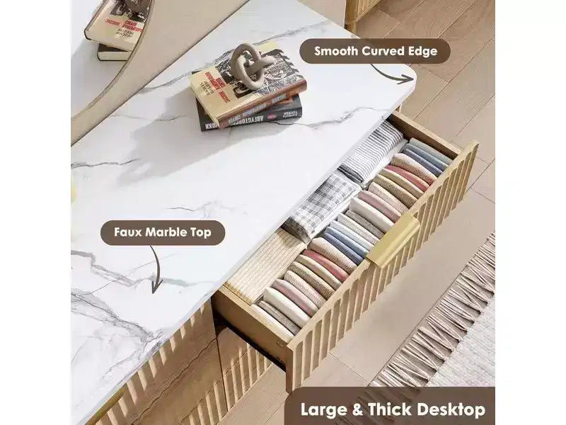 Fluted 6 Drawers Dresser, 47.2 Wide Modern Chest of Drawers with Metal Handle, Curved Profile Dresser TV Stand, Wooden Drawer Organizer for Bedroom