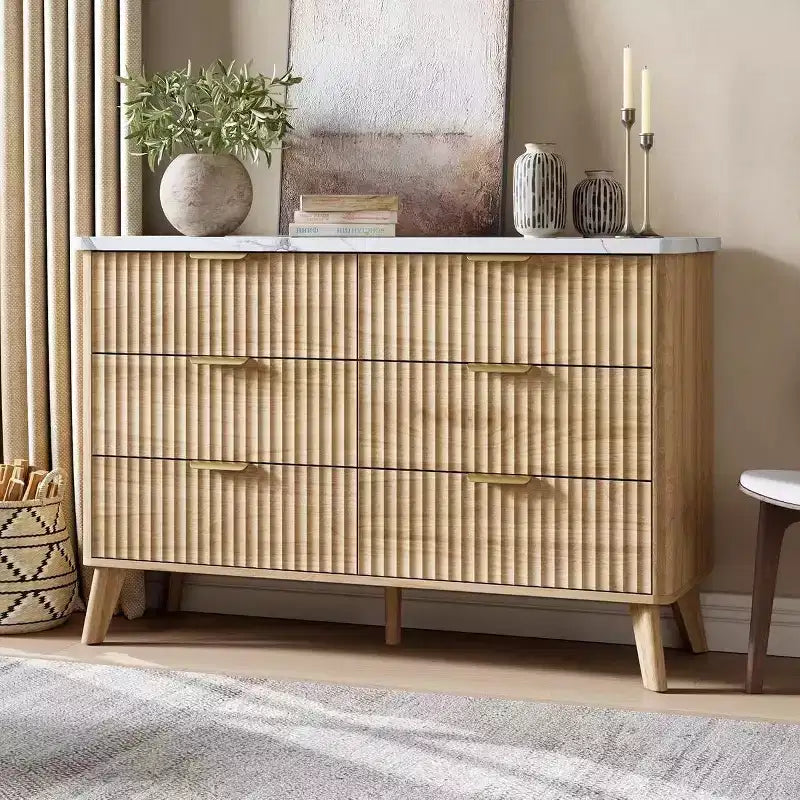 Fluted 6 Drawers Dresser, 47.2 Wide Modern Chest of Drawers with Metal Handle, Curved Profile Dresser TV Stand, Wooden Drawer Organizer for Bedroom