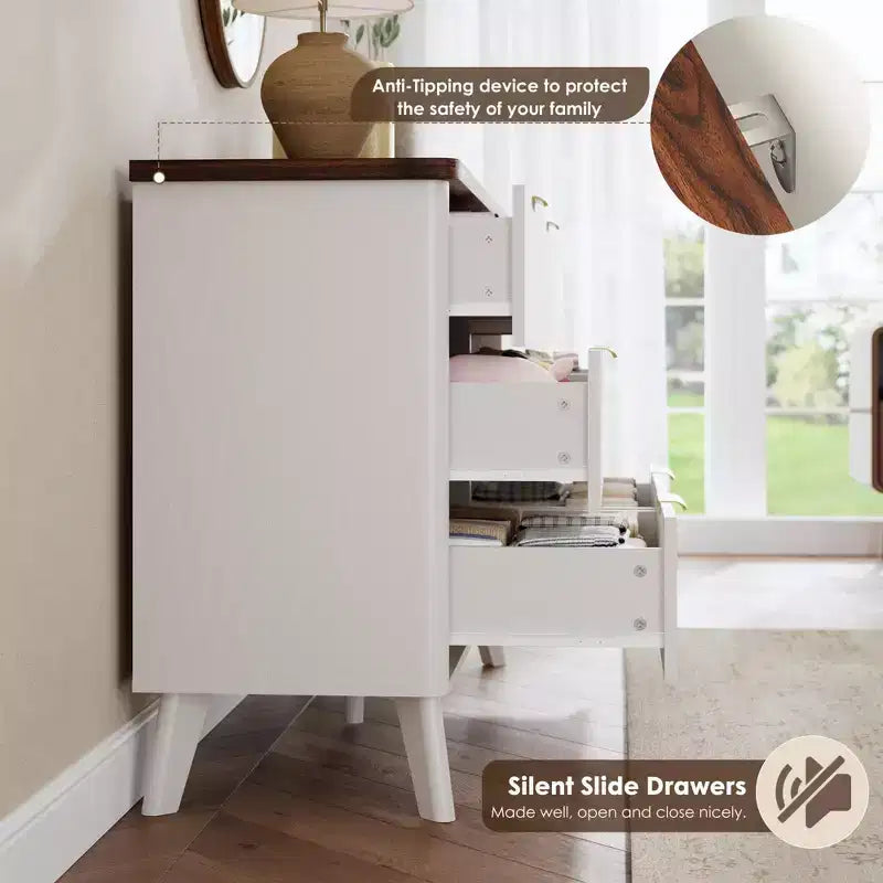 Fluted 6 Drawers Dresser, 47.2 Wide Modern Chest of Drawers with Metal Handle, Curved Profile Dresser TV Stand, Wooden Drawer Organizer for Bedroom