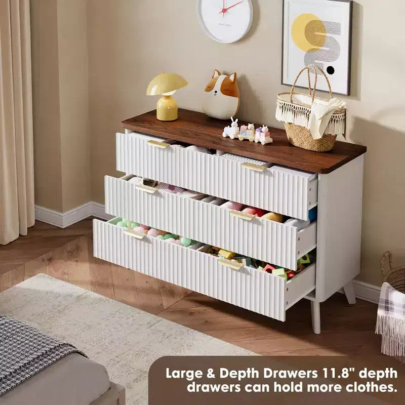 Fluted 6 Drawers Dresser, 47.2 Wide Modern Chest of Drawers with Metal Handle, Curved Profile Dresser TV Stand, Wooden Drawer Organizer for Bedroom