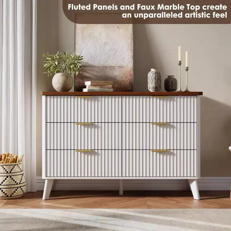 Fluted 6 Drawers Dresser, 47.2 Wide Modern Chest of Drawers with Metal Handle, Curved Profile Dresser TV Stand, Wooden Drawer Organizer for Bedroom