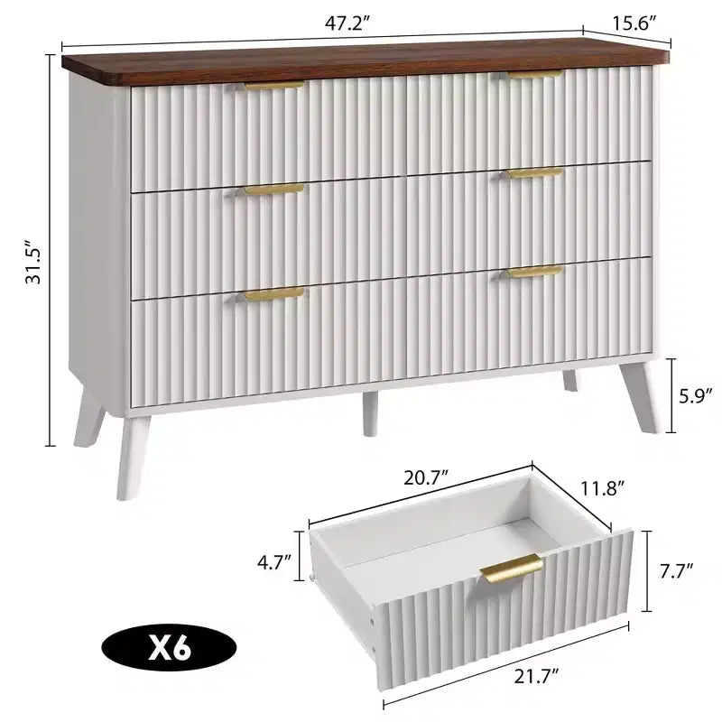 Fluted 6 Drawers Dresser, 47.2 Wide Modern Chest of Drawers with Metal Handle, Curved Profile Dresser TV Stand, Wooden Drawer Organizer for Bedroom