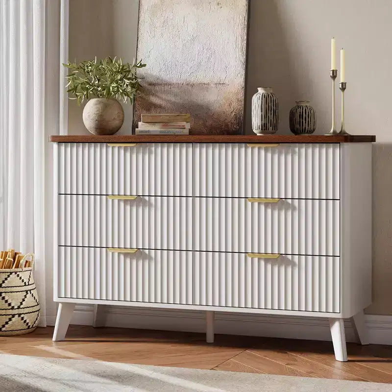 Fluted 6 Drawers Dresser, 47.2 Wide Modern Chest of Drawers with Metal Handle, Curved Profile Dresser TV Stand, Wooden Drawer Organizer for Bedroom