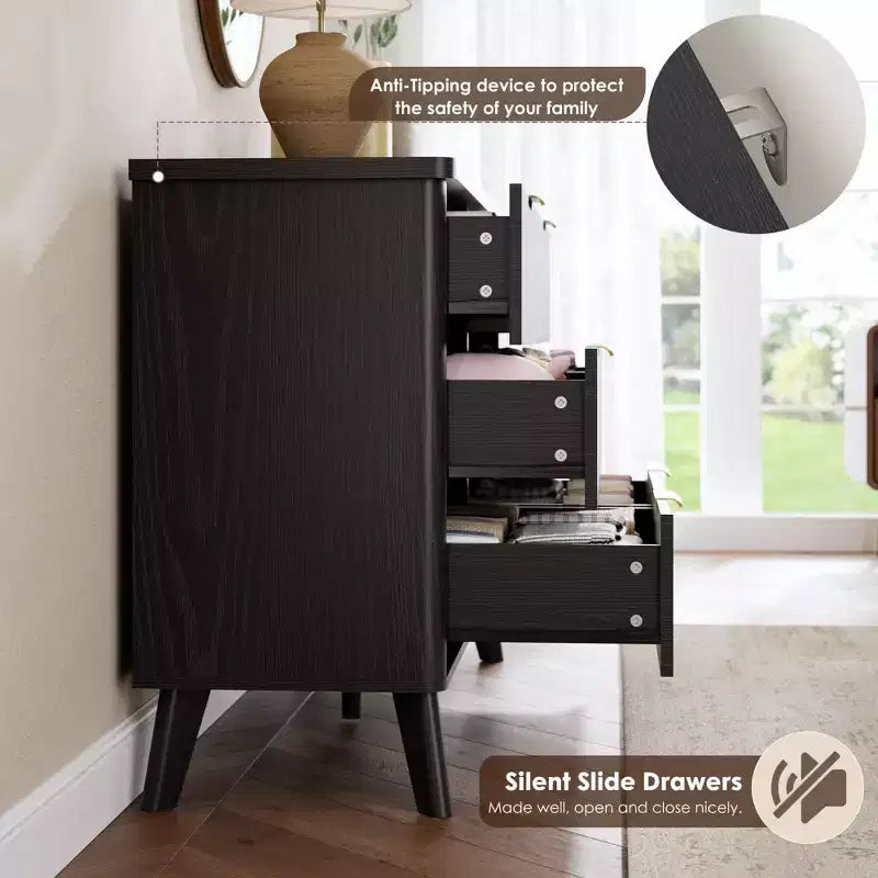 Fluted 6 Drawers Dresser, 47.2 Wide Modern Chest of Drawers with Metal Handle, Curved Profile Dresser TV Stand, Wooden Drawer Organizer for Bedroom