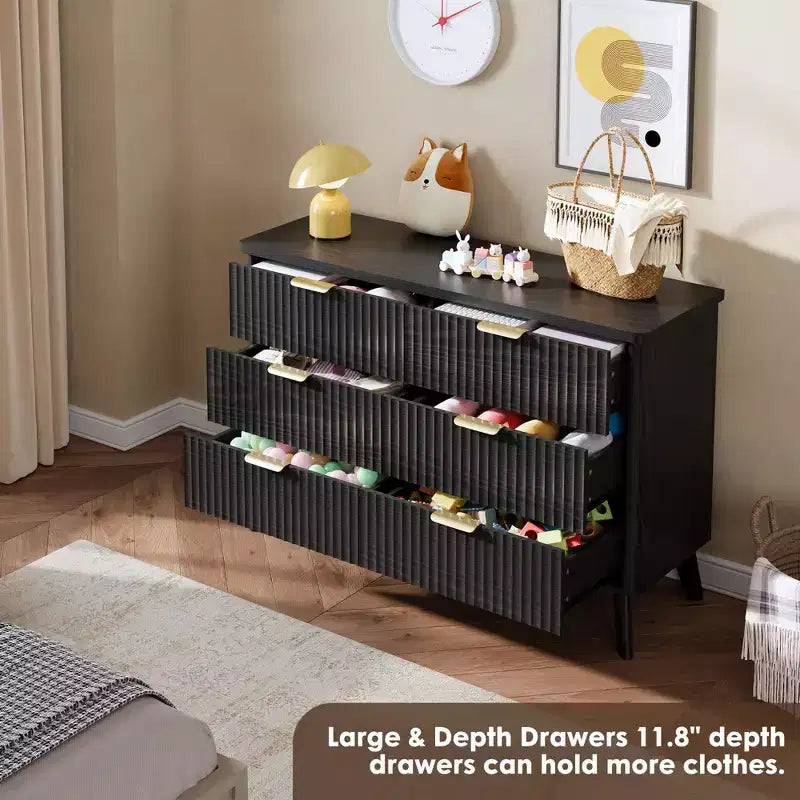 Fluted 6 Drawers Dresser, 47.2 Wide Modern Chest of Drawers with Metal Handle, Curved Profile Dresser TV Stand, Wooden Drawer Organizer for Bedroom