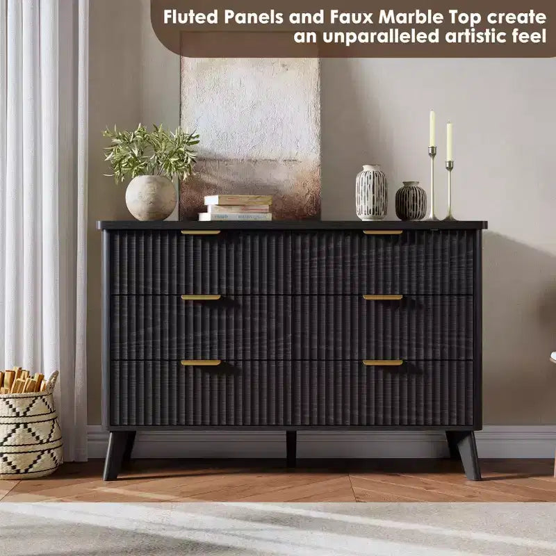 Fluted 6 Drawers Dresser, 47.2 Wide Modern Chest of Drawers with Metal Handle, Curved Profile Dresser TV Stand, Wooden Drawer Organizer for Bedroom