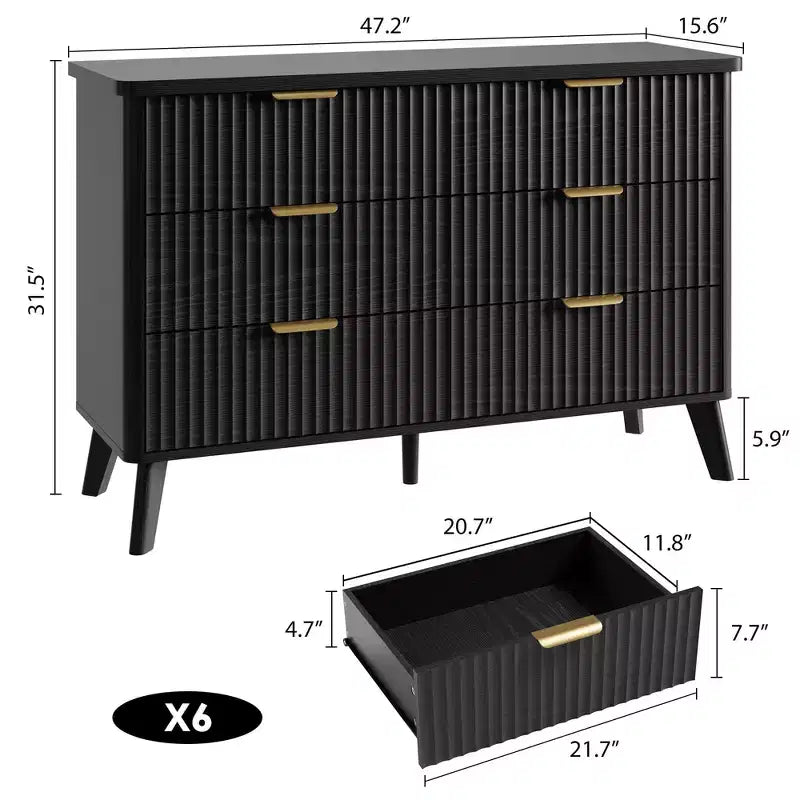 Fluted 6 Drawers Dresser, 47.2 Wide Modern Chest of Drawers with Metal Handle, Curved Profile Dresser TV Stand, Wooden Drawer Organizer for Bedroom