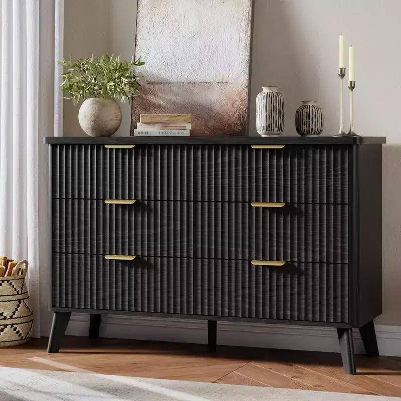 Fluted 6 Drawers Dresser, 47.2 Wide Modern Chest of Drawers with Metal Handle, Curved Profile Dresser TV Stand, Wooden Drawer Organizer for Bedroom