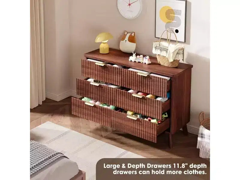 Fluted 6 Drawers Dresser, 47.2 Wide Modern Chest of Drawers with Metal Handle, Curved Profile Dresser TV Stand, Wooden Drawer Organizer for Bedroom