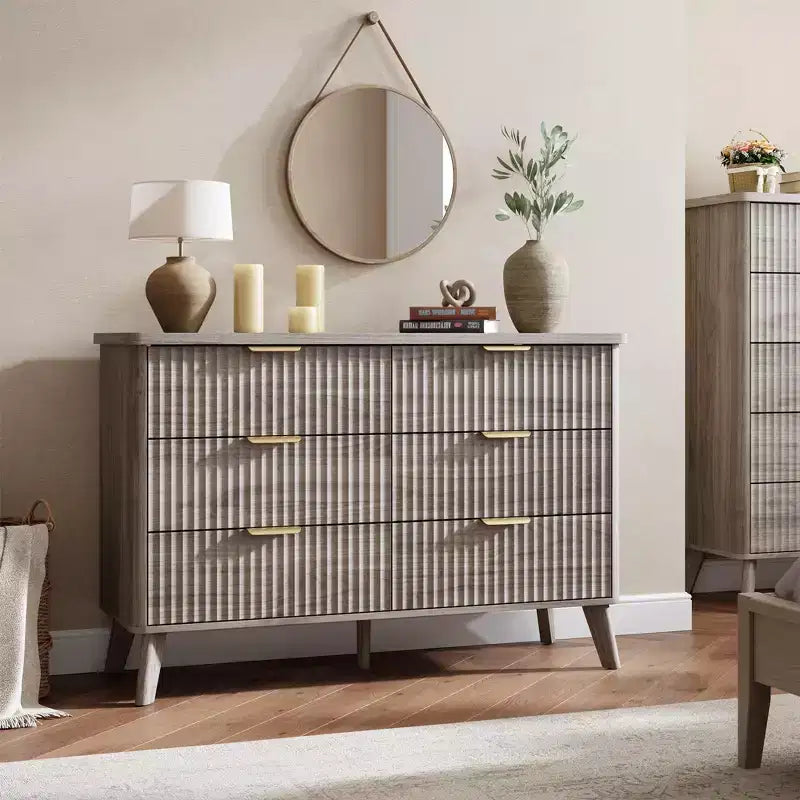 Fluted 6 Drawers Dresser, 47.2 Wide Modern Chest of Drawers with Metal Handle, Curved Profile Dresser TV Stand, Wooden Drawer Organizer for Bedroom