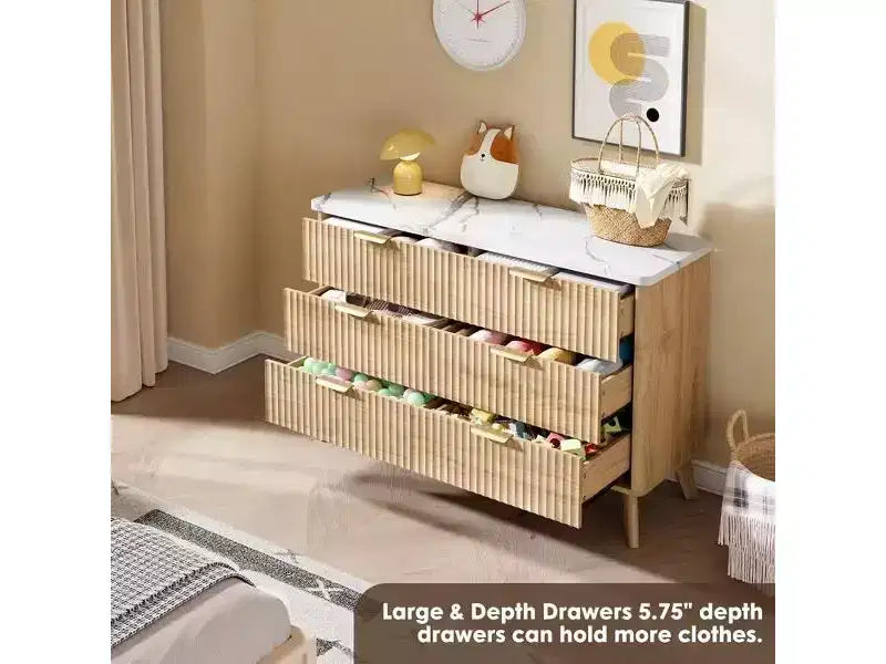 Fluted 6 Drawers Dresser, 47.2 Wide Modern Chest of Drawers with Metal Handle, Curved Profile Dresser TV Stand, Wooden Drawer Organizer for Bedroom