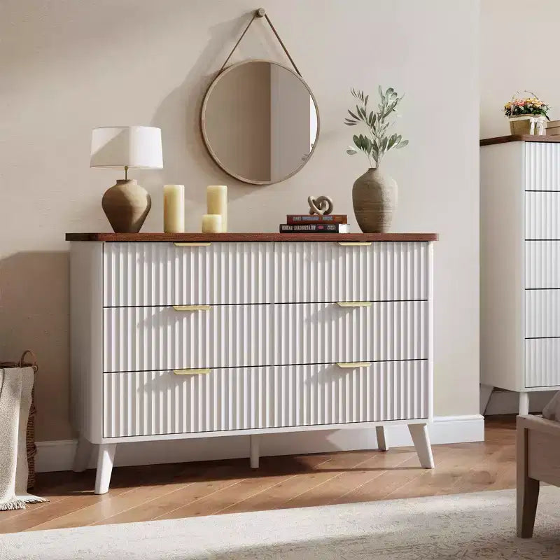 Fluted 6 Drawers Dresser, 47.2 Wide Modern Chest of Drawers with Metal Handle, Curved Profile Dresser TV Stand, Wooden Drawer Organizer for Bedroom