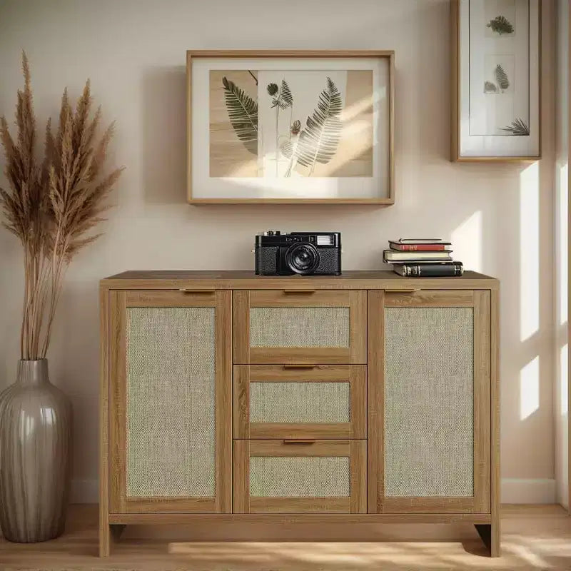 COZONY Modern Rattan Storage Cabinet, 47 Sideboard with Drawers & Doors, Multi-Purpose Home Organizer 3 pcs with 3 boxs shipping