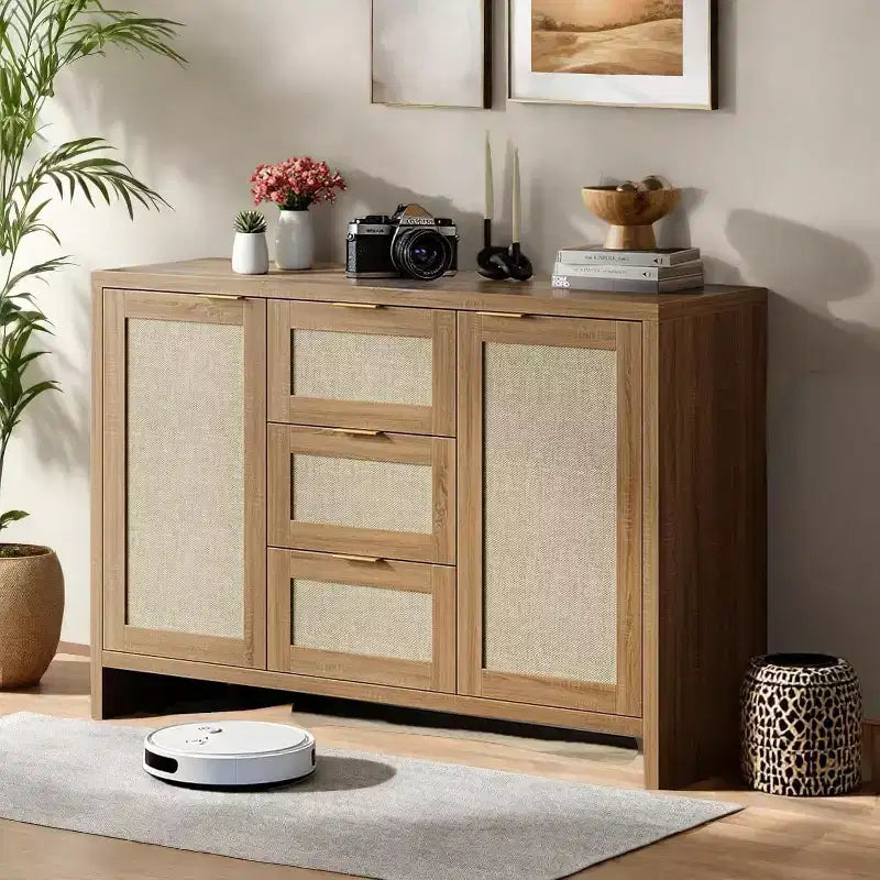COZONY Modern Rattan Storage Cabinet, 47 Sideboard with Drawers & Doors, Multi-Purpose Home Organizer 3 pcs with 3 boxs shipping