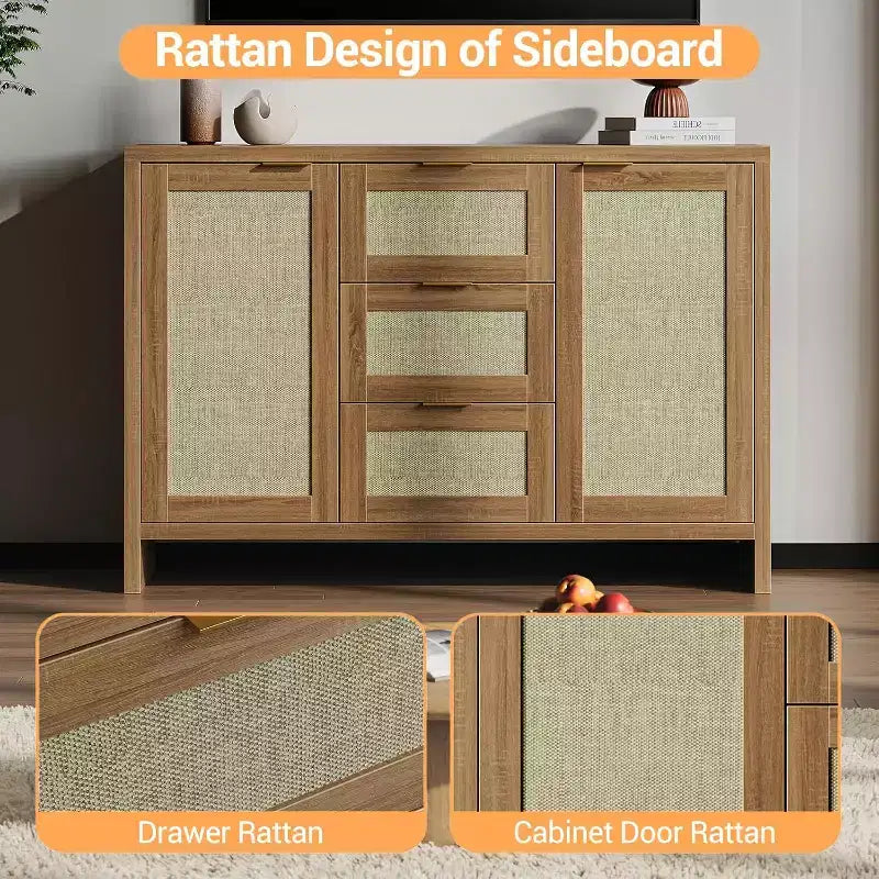 COZONY Modern Rattan Storage Cabinet, 47 Sideboard with Drawers & Doors, Multi-Purpose Home Organizer 3 pcs with 3 boxs shipping