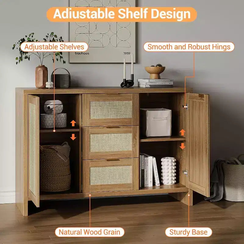 COZONY Modern Rattan Storage Cabinet, 47 Sideboard with Drawers & Doors, Multi-Purpose Home Organizer 3 pcs with 3 boxs shipping