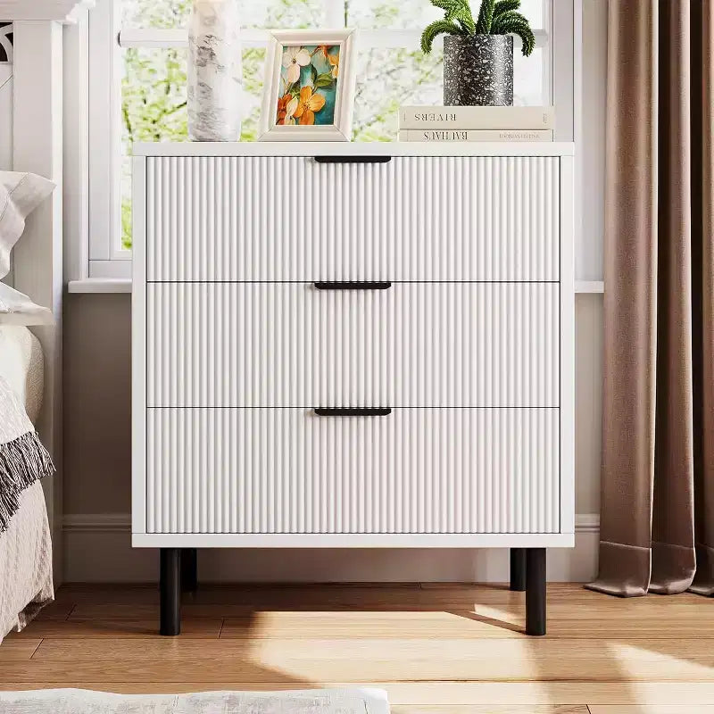 COZONY Wave Fluted 3-Drawer Dresser, Modern Wood Storage Cabinet with Metal Legs, Bedroom Chest Organizer 2 pcs with 2 boxs shipping