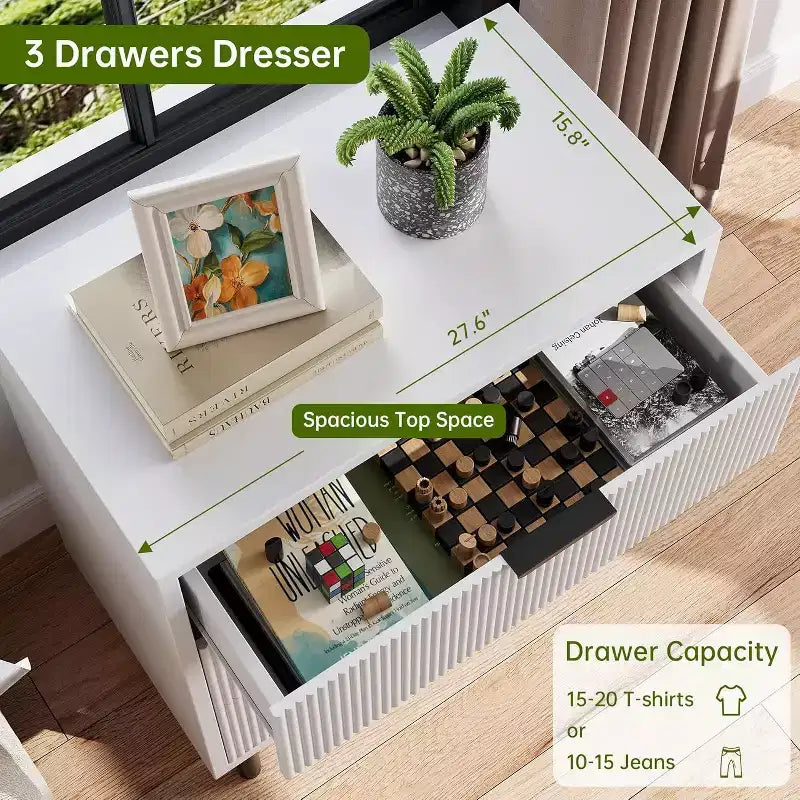 COZONY Wave Fluted 3-Drawer Dresser, Modern Wood Storage Cabinet with Metal Legs, Bedroom Chest Organizer 2 pcs with 2 boxs shipping