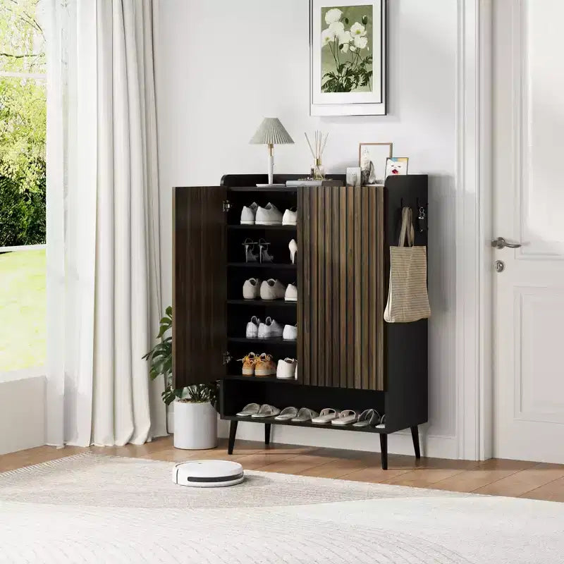 TruAIR Black 6-Tier Shoe Cabinet with 2 Doors - Large Entryway & Living Room Shoe Organizer with Hooks