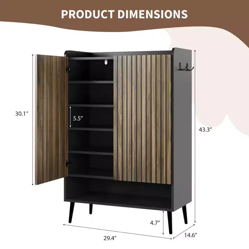 TruAIR Black 6-Tier Shoe Cabinet with 2 Doors - Large Entryway & Living Room Shoe Organizer with Hooks