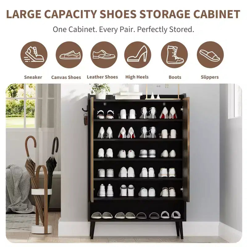 TruAIR Black 6-Tier Shoe Cabinet with 2 Doors - Large Entryway & Living Room Shoe Organizer with Hooks