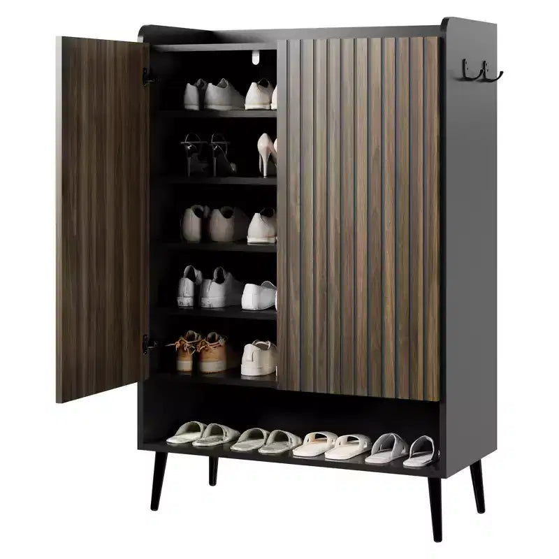 TruAIR Black 6-Tier Shoe Cabinet with 2 Doors - Large Entryway & Living Room Shoe Organizer with Hooks