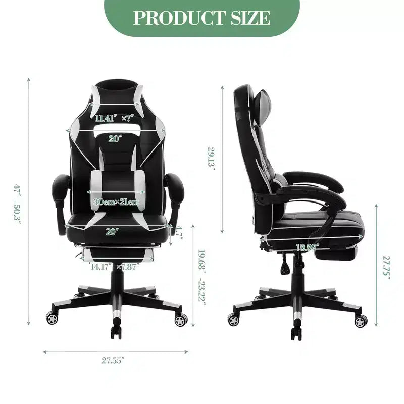 Gaming Chair, Gaming Chair with Footrest and Massage Lumbar Support, Ergonomic Design, High-Back PU Leather Recliner with Headrest, 360 Rotation