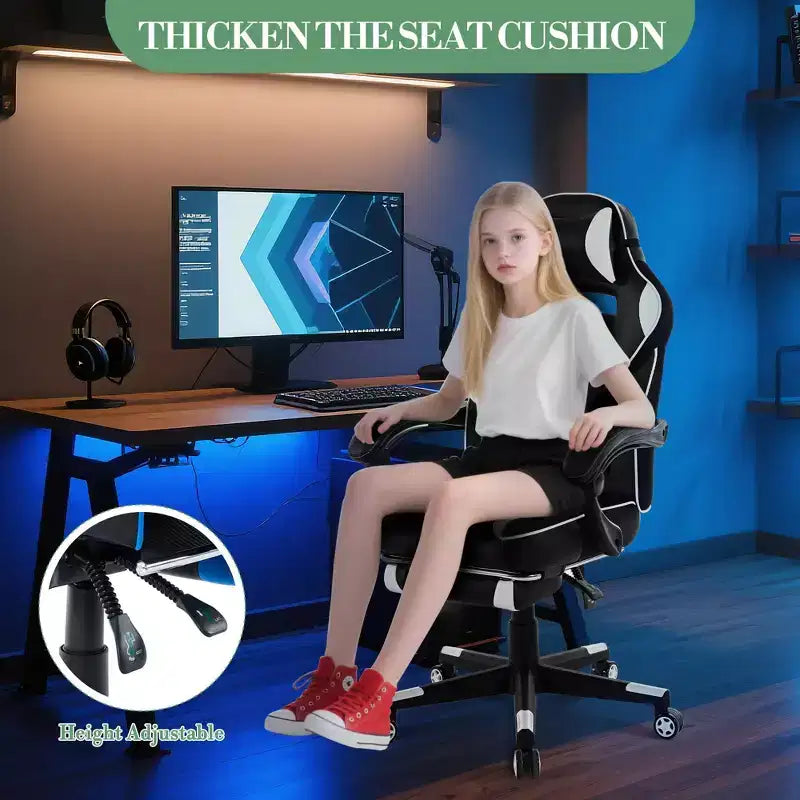 Gaming Chair, Gaming Chair with Footrest and Massage Lumbar Support, Ergonomic Design, High-Back PU Leather Recliner with Headrest, 360 Rotation