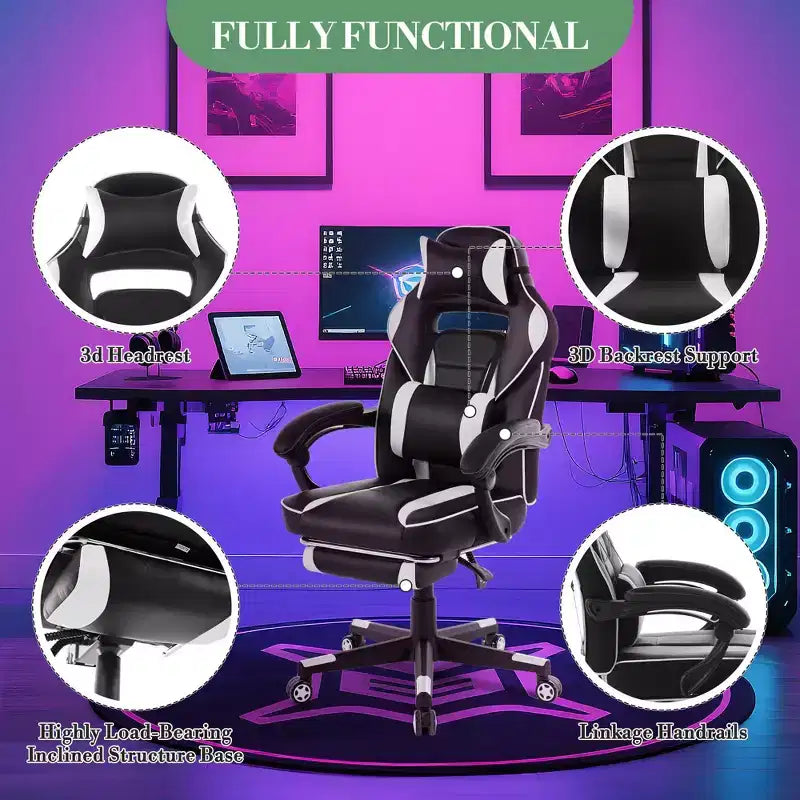 Gaming Chair, Gaming Chair with Footrest and Massage Lumbar Support, Ergonomic Design, High-Back PU Leather Recliner with Headrest, 360 Rotation