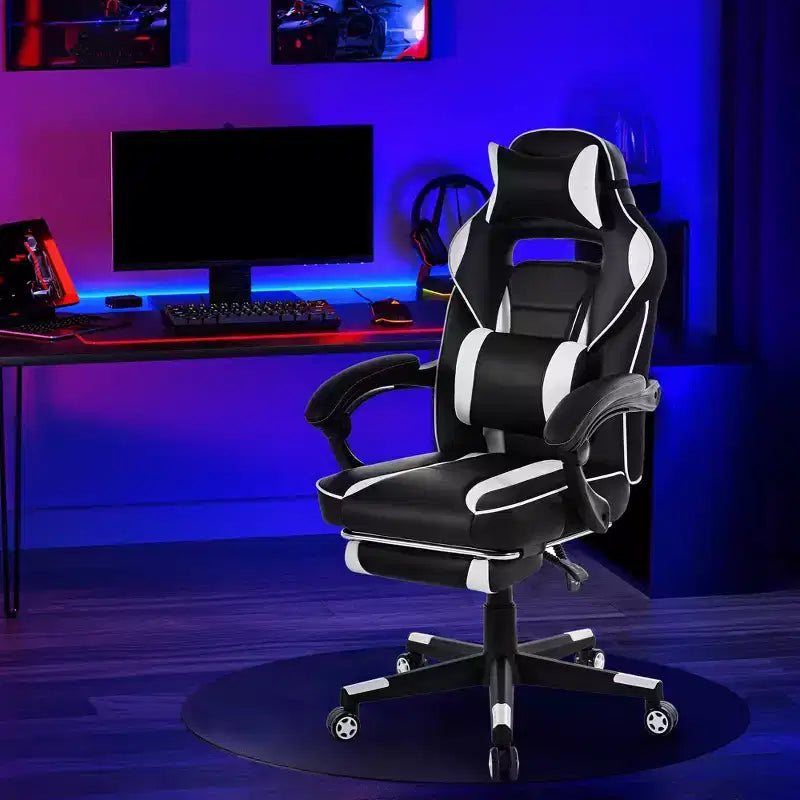 Gaming Chair, Gaming Chair with Footrest and Massage Lumbar Support, Ergonomic Design, High-Back PU Leather Recliner with Headrest, 360 Rotation