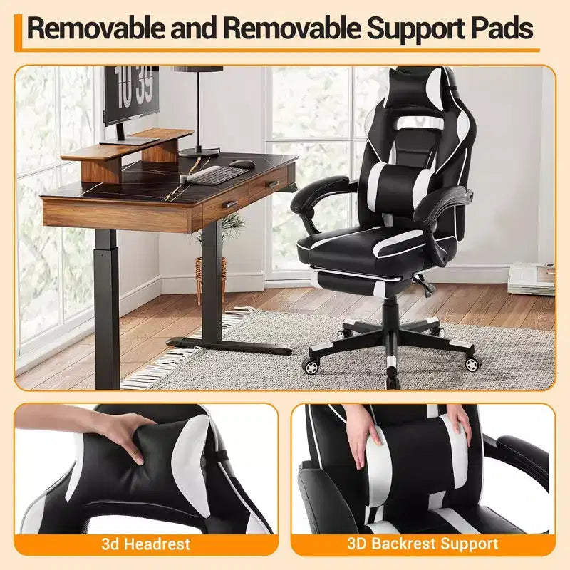 Gaming Chair, Gaming Chair with Footrest and Massage Lumbar Support, Ergonomic Design, High-Back PU Leather Recliner with Headrest, 360 Rotation