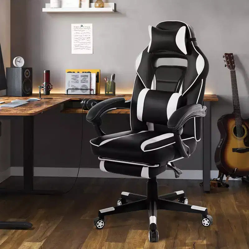 Gaming Chair, Gaming Chair with Footrest and Massage Lumbar Support, Ergonomic Design, High-Back PU Leather Recliner with Headrest, 360 Rotation