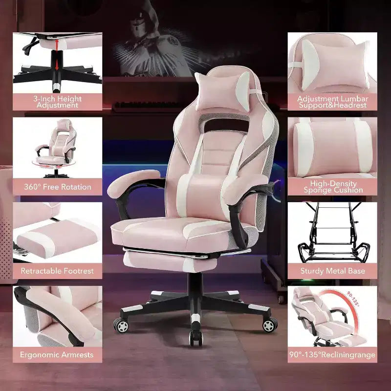 Gaming Chair, Gaming Chair with Footrest and Massage Lumbar Support, Ergonomic Design, High-Back PU Leather Recliner with Headrest, 360 Rotation