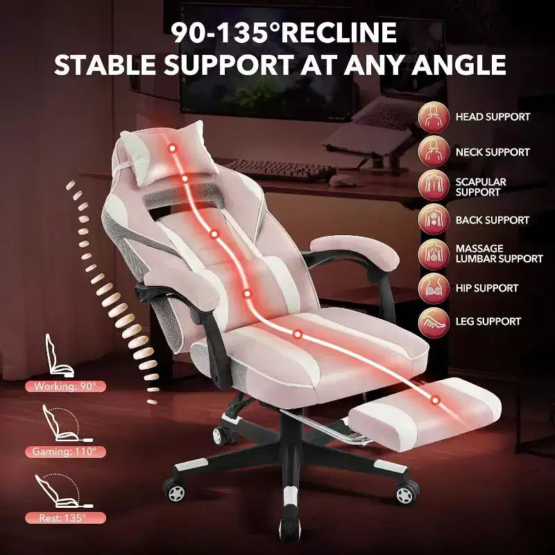 Gaming Chair, Gaming Chair with Footrest and Massage Lumbar Support, Ergonomic Design, High-Back PU Leather Recliner with Headrest, 360 Rotation