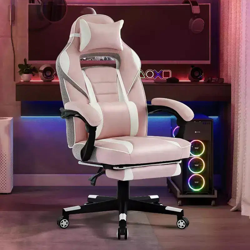 Gaming Chair, Gaming Chair with Footrest and Massage Lumbar Support, Ergonomic Design, High-Back PU Leather Recliner with Headrest, 360 Rotation
