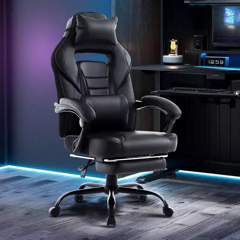 Gaming Chair, Gaming Chair with Footrest and Massage Lumbar Support, Ergonomic Design, High-Back PU Leather Recliner with Headrest, 360 Rotation