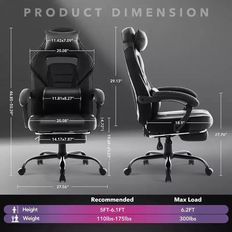 Gaming Chair, Gaming Chair with Footrest and Massage Lumbar Support, Ergonomic Design, High-Back PU Leather Recliner with Headrest, 360 Rotation
