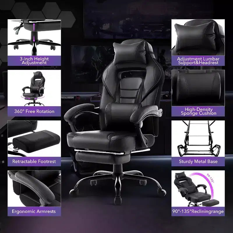 Gaming Chair, Gaming Chair with Footrest and Massage Lumbar Support, Ergonomic Design, High-Back PU Leather Recliner with Headrest, 360 Rotation