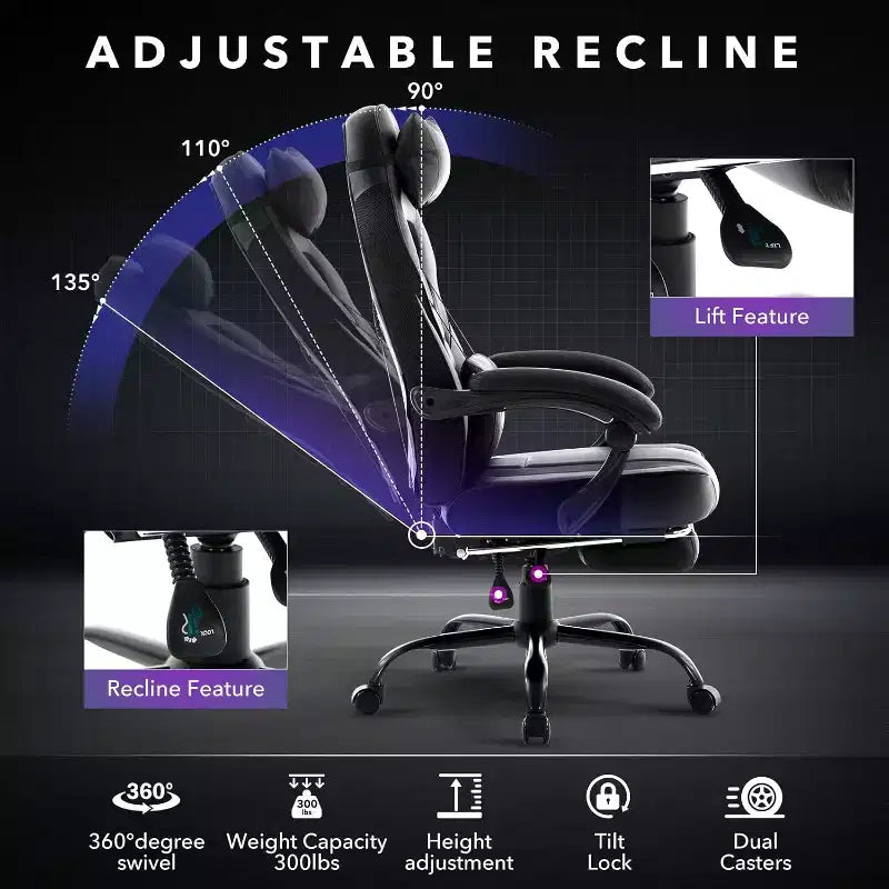 Gaming Chair, Gaming Chair with Footrest and Massage Lumbar Support, Ergonomic Design, High-Back PU Leather Recliner with Headrest, 360 Rotation