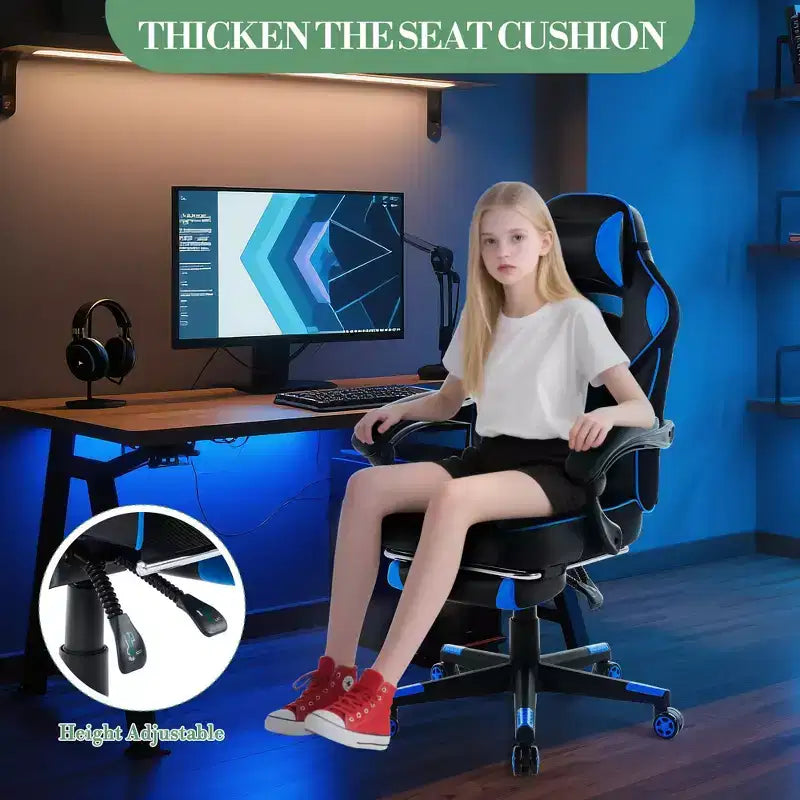 Gaming Chair, Gaming Chair with Footrest and Massage Lumbar Support, Ergonomic Design, High-Back PU Leather Recliner with Headrest, 360 Rotation