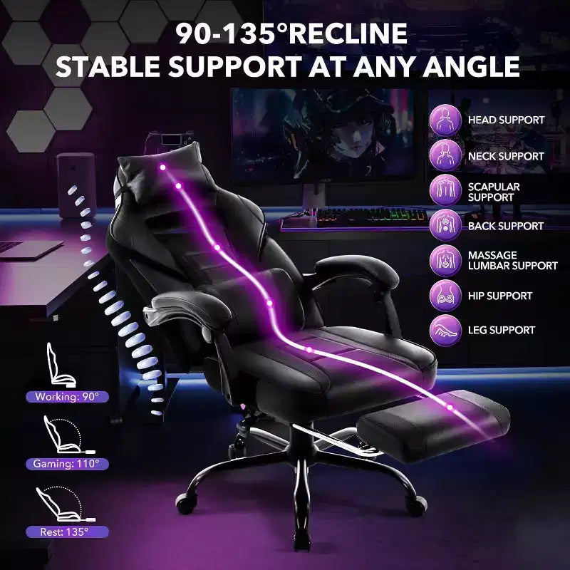 Gaming Chair, Gaming Chair with Footrest and Massage Lumbar Support, Ergonomic Design, High-Back PU Leather Recliner with Headrest, 360 Rotation
