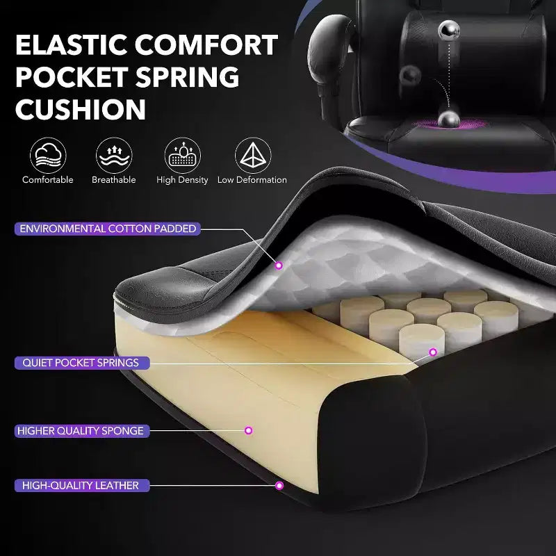 Gaming Chair, Gaming Chair with Footrest and Massage Lumbar Support, Ergonomic Design, High-Back PU Leather Recliner with Headrest, 360 Rotation