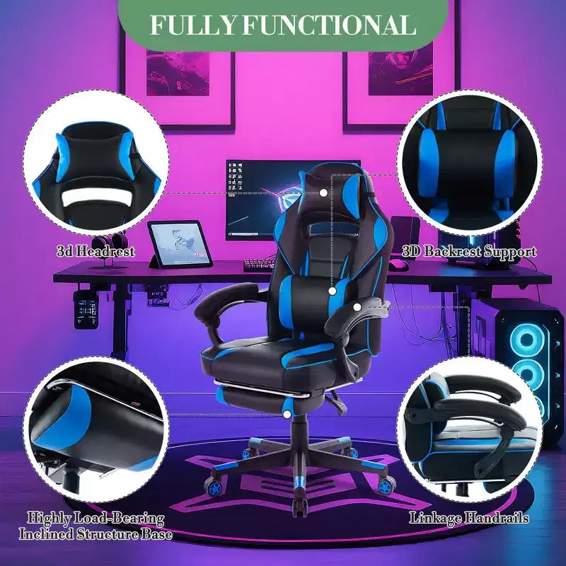Gaming Chair, Gaming Chair with Footrest and Massage Lumbar Support, Ergonomic Design, High-Back PU Leather Recliner with Headrest, 360 Rotation