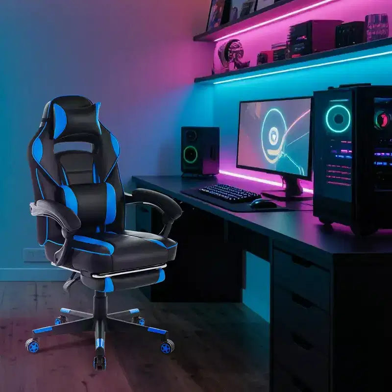 Gaming Chair, Gaming Chair with Footrest and Massage Lumbar Support, Ergonomic Design, High-Back PU Leather Recliner with Headrest, 360 Rotation