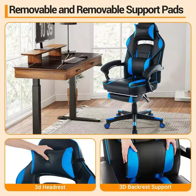 Gaming Chair, Gaming Chair with Footrest and Massage Lumbar Support, Ergonomic Design, High-Back PU Leather Recliner with Headrest, 360 Rotation