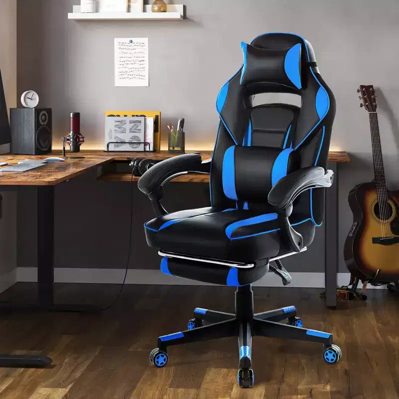 Gaming Chair, Gaming Chair with Footrest and Massage Lumbar Support, Ergonomic Design, High-Back PU Leather Recliner with Headrest, 360 Rotation