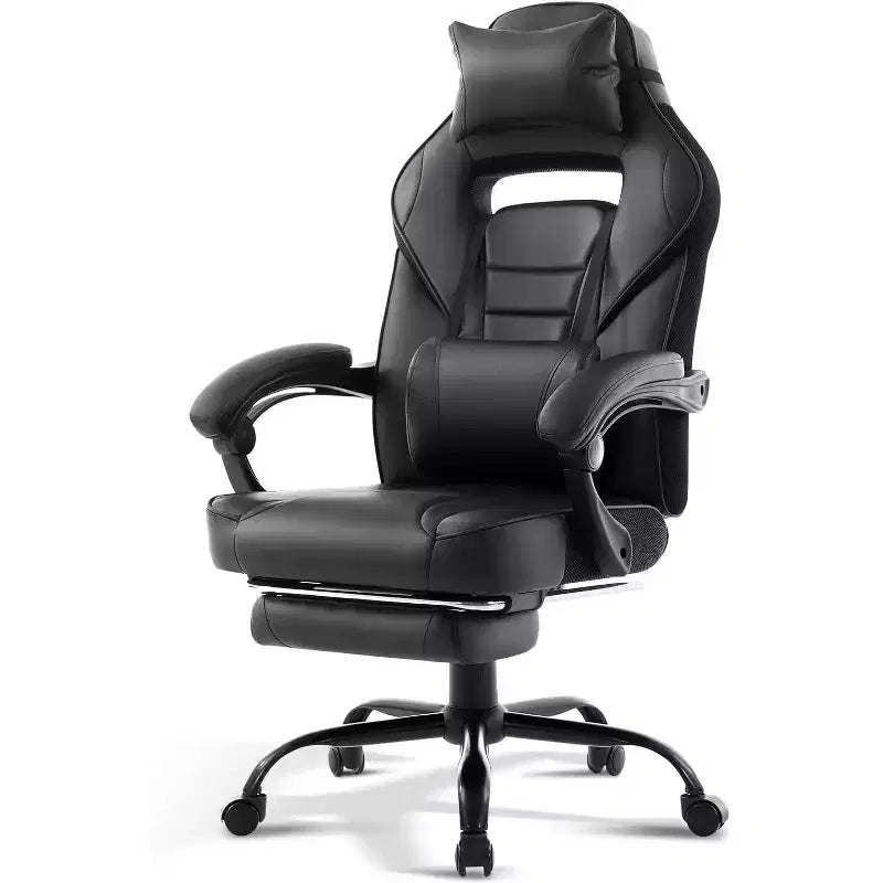 Gaming Chair, Gaming Chair with Footrest and Massage Lumbar Support, Ergonomic Design, High-Back PU Leather Recliner with Headrest, 360 Rotation