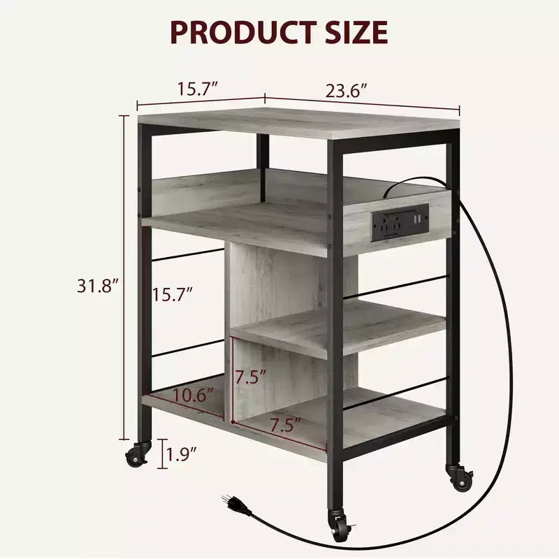 3-Tier Rolling Printer Stand with Storage & Charging Station, Mobile Printer Cart with 4 Outlets & 2 USB Ports, Multi-Level Organizer for Home Office