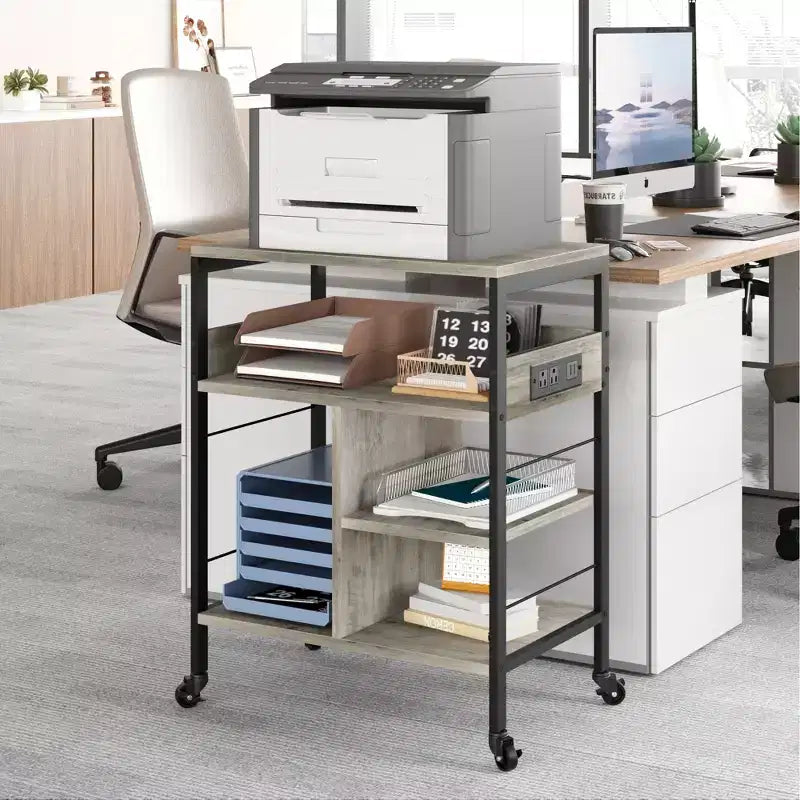 3-Tier Rolling Printer Stand with Storage & Charging Station, Mobile Printer Cart with 4 Outlets & 2 USB Ports, Multi-Level Organizer for Home Office